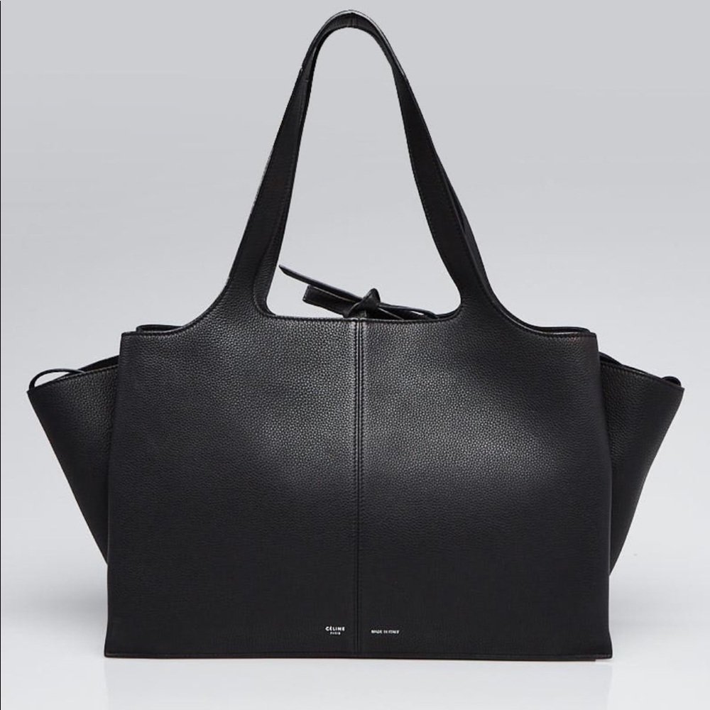 Celine small tri fold black leather hand bag ties